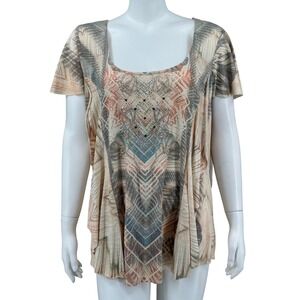 One World Top Womens 2X Tan Boho Embellished Casual Flowy Artsy‎ Mature Travel